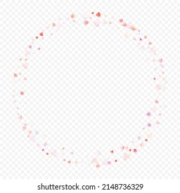 Heart love vector background. Valentine frame. Pink hearts confetti. Scattered love symbols. Random falling heart shape on transparent background. Beautiful Invitation, Greeting Card Illustration.
