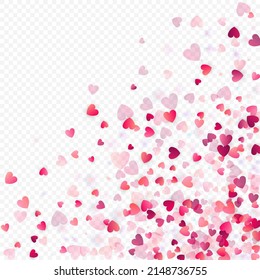 Heart love vector background. Valentine frame. Pink hearts confetti. Scattered love symbols. Random falling heart shape on transparent background. Beautiful Invitation, Greeting Card Illustration.