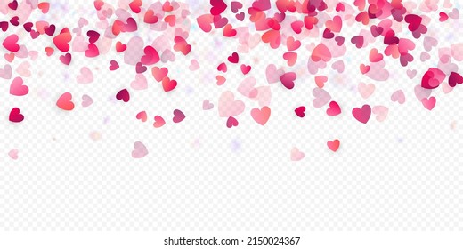 Fondo vectorial de amor cardíaco. Marco de San Valentín. Confeti de corazones rosados. Símbolos de amor dispersos. Forma cardíaca al azar sobre fondo transparente. Hermosa Invitación, Ilustración De Tarjeta De Saludo.