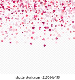 Fondo vectorial de amor cardíaco. Marco de San Valentín. Confeti de corazones rosados. Símbolos de amor dispersos. Forma cardíaca al azar sobre fondo transparente. Hermosa Invitación, Ilustración De Tarjeta De Saludo.