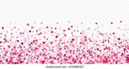 Heart love vector background. Valentine frame. Pink hearts confetti. Scattered love symbols. Random falling heart shape on transparent background. Beautiful Invitation, Greeting Card Illustration.