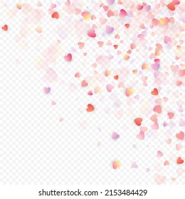 Heart love vector background. Valentine frame. Pink hearts confetti. Scattered love symbols. Random falling heart shape on transparent background. Beautiful Invitation, Greeting Card Illustration.