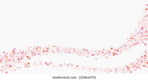 Herzliebe, Vektorhintergrund. Valentinrahmen. Rosa Herzen Konfetti. Gesenkte Liebessymbole. Zufällig fallende Herzform auf transparentem Hintergrund. Schöne Einladung, Grußkartenillustration.