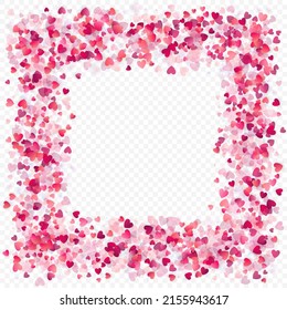 Heart love vector background. Valentine frame. Pink hearts confetti. Scattered love symbols. Random falling heart shape on transparent background. Beautiful Invitation, Greeting Card Illustration.