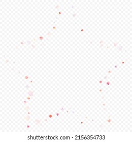 Heart love vector background. Valentine frame. Pink hearts confetti. Scattered love symbols. Random falling heart shape on transparent background. Beautiful Invitation, Greeting Card Illustration.