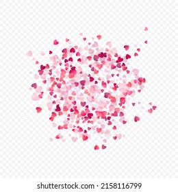 Herzliebe, Vektorhintergrund. Valentinrahmen. Rosa Herzen Konfetti. Gesenkte Liebessymbole. Zufällig fallende Herzform auf transparentem Hintergrund. Schöne Einladung, Grußkartenillustration.