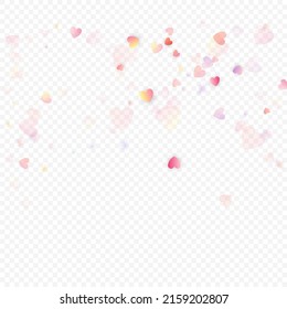 Fondo vectorial de amor cardíaco. Marco de San Valentín. Confeti de corazones rosados. Símbolos de amor dispersos. Forma cardíaca al azar sobre fondo transparente. Hermosa Invitación, Ilustración De Tarjeta De Saludo.