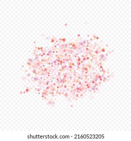 Fondo vectorial de amor cardíaco. Marco de San Valentín. Confeti de corazones rosados. Símbolos de amor dispersos. Forma cardíaca al azar sobre fondo transparente. Hermosa Invitación, Ilustración De Tarjeta De Saludo.