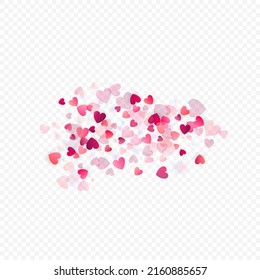 Heart love vector background. Valentine frame. Pink hearts confetti. Scattered love symbols. Random falling heart shape on transparent background. Beautiful Invitation, Greeting Card Illustration.