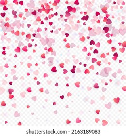 Heart love vector background. Valentine frame. Pink hearts confetti. Scattered love symbols. Random falling heart shape on transparent background. Beautiful Invitation, Greeting Card Illustration.