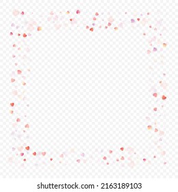 Fondo vectorial de amor cardíaco. Marco de San Valentín. Confeti de corazones rosados. Símbolos de amor dispersos. Forma cardíaca al azar sobre fondo transparente. Hermosa Invitación, Ilustración De Tarjeta De Saludo.