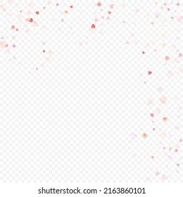 Heart love vector background. Valentine frame. Pink hearts confetti. Scattered love symbols. Random falling heart shape on transparent background. Beautiful Invitation, Greeting Card Illustration.