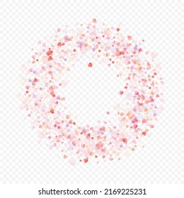 Heart love vector background. Valentine frame. Pink hearts confetti. Scattered love symbols. Random falling heart shape on transparent background. Beautiful Invitation, Greeting Card Illustration.