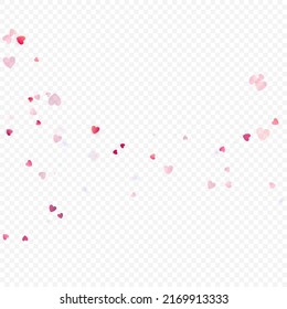 Heart love vector background. Valentine frame. Pink hearts confetti. Scattered love symbols. Random falling heart shape on transparent background. Beautiful Invitation, Greeting Card Illustration.
