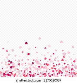Heart love vector background. Valentine frame. Pink hearts confetti. Scattered love symbols. Random falling heart shape on transparent background. Beautiful Invitation, Greeting Card Illustration.