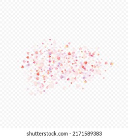 Heart love vector background. Valentine frame. Pink hearts confetti. Scattered love symbols. Random falling heart shape on transparent background. Beautiful Invitation, Greeting Card Illustration.