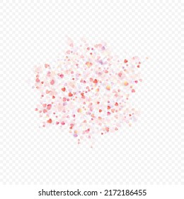 Heart love vector background. Valentine frame. Pink hearts confetti. Scattered love symbols. Random falling heart shape on transparent background. Beautiful Invitation, Greeting Card Illustration.