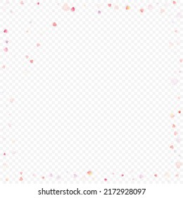 Heart love vector background. Valentine frame. Pink hearts confetti. Scattered love symbols. Random falling heart shape on transparent background. Beautiful Invitation, Greeting Card Illustration.