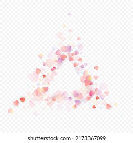 Heart love vector background. Valentine frame. Pink hearts confetti. Scattered love symbols. Random falling heart shape on transparent background. Beautiful Invitation, Greeting Card Illustration.