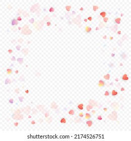 Fondo vectorial de amor cardíaco. Marco de San Valentín. Confeti de corazones rosados. Símbolos de amor dispersos. Forma cardíaca al azar sobre fondo transparente. Hermosa Invitación, Ilustración De Tarjeta De Saludo.