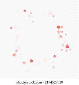 Heart love vector background. Valentine frame. Pink hearts confetti. Scattered love symbols. Random falling heart shape on transparent background. Beautiful Invitation, Greeting Card Illustration.