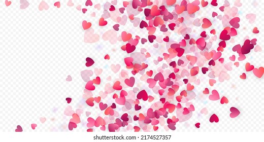Heart love vector background. Valentine frame. Pink hearts confetti. Scattered love symbols. Random falling heart shape on transparent background. Beautiful Invitation, Greeting Card Illustration.