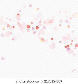 Fondo vectorial de amor cardíaco. Marco de San Valentín. Confeti de corazones rosados. Símbolos de amor dispersos. Forma cardíaca al azar sobre fondo transparente. Hermosa Invitación, Ilustración De Tarjeta De Saludo.