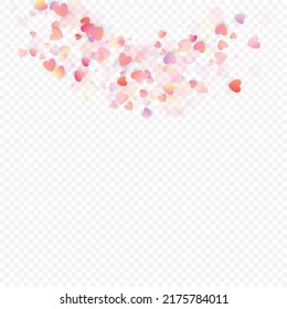 Heart love vector background. Valentine frame. Pink hearts confetti. Scattered love symbols. Random falling heart shape on transparent background. Beautiful Invitation, Greeting Card Illustration.