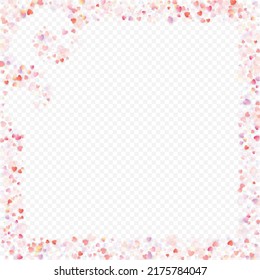 Heart love vector background. Valentine frame. Pink hearts confetti. Scattered love symbols. Random falling heart shape on transparent background. Beautiful Invitation, Greeting Card Illustration.