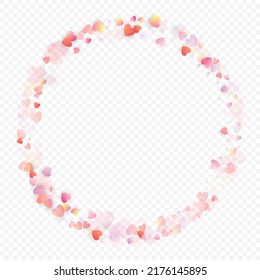 Heart love vector background. Valentine frame. Pink hearts confetti. Scattered love symbols. Random falling heart shape on transparent background. Beautiful Invitation, Greeting Card Illustration.