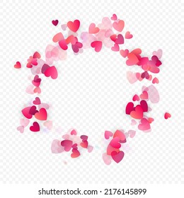Heart love vector background. Valentine frame. Pink hearts confetti. Scattered love symbols. Random falling heart shape on transparent background. Beautiful Invitation, Greeting Card Illustration.