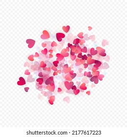 Fondo vectorial de amor cardíaco. Marco de San Valentín. Confeti de corazones rosados. Símbolos de amor dispersos. Forma cardíaca al azar sobre fondo transparente. Hermosa Invitación, Ilustración De Tarjeta De Saludo.