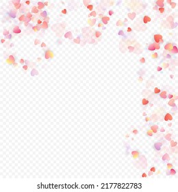 Fondo vectorial de amor cardíaco. Marco de San Valentín. Confeti de corazones rosados. Símbolos de amor dispersos. Forma cardíaca al azar sobre fondo transparente. Hermosa Invitación, Ilustración De Tarjeta De Saludo.