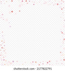 Heart love vector background. Valentine frame. Pink hearts confetti. Scattered love symbols. Random falling heart shape on transparent background. Beautiful Invitation, Greeting Card Illustration.