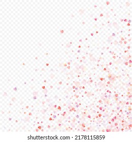 Fondo vectorial de amor cardíaco. Marco de San Valentín. Confeti de corazones rosados. Símbolos de amor dispersos. Forma cardíaca al azar sobre fondo transparente. Hermosa Invitación, Ilustración De Tarjeta De Saludo.