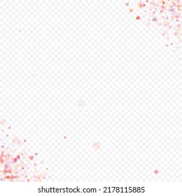 Fondo vectorial de amor cardíaco. Marco de San Valentín. Confeti de corazones rosados. Símbolos de amor dispersos. Forma cardíaca al azar sobre fondo transparente. Hermosa Invitación, Ilustración De Tarjeta De Saludo.