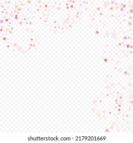 Fondo vectorial de amor cardíaco. Marco de San Valentín. Confeti de corazones rosados. Símbolos de amor dispersos. Forma cardíaca al azar sobre fondo transparente. Hermosa Invitación, Ilustración De Tarjeta De Saludo.