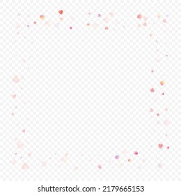 Heart love vector background. Valentine frame. Pink hearts confetti. Scattered love symbols. Random falling heart shape on transparent background. Beautiful Invitation, Greeting Card Illustration.