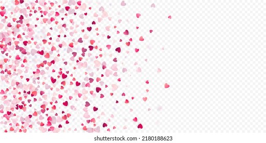Heart love vector background. Valentine frame. Pink hearts confetti. Scattered love symbols. Random falling heart shape on transparent background. Beautiful Invitation, Greeting Card Illustration.