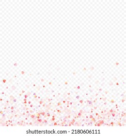 Heart love vector background. Valentine frame. Pink hearts confetti. Scattered love symbols. Random falling heart shape on transparent background. Beautiful Invitation, Greeting Card Illustration.