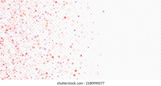 Heart love vector background. Valentine frame. Pink hearts confetti. Scattered love symbols. Random falling heart shape on transparent background. Beautiful Invitation, Greeting Card Illustration.