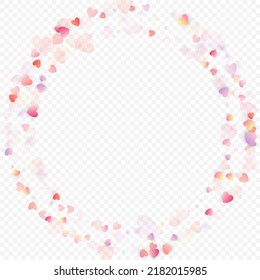 Herzliebe, Vektorhintergrund. Valentinrahmen. Rosa Herzen Konfetti. Gesenkte Liebessymbole. Zufällig fallende Herzform auf transparentem Hintergrund. Schöne Einladung, Grußkartenillustration.