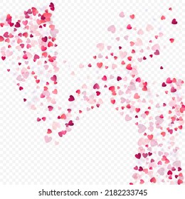 Heart love vector background. Valentine frame. Pink hearts confetti. Scattered love symbols. Random falling heart shape on transparent background. Beautiful Invitation, Greeting Card Illustration.