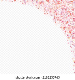 Fondo vectorial de amor cardíaco. Marco de San Valentín. Confeti de corazones rosados. Símbolos de amor dispersos. Forma cardíaca al azar sobre fondo transparente. Hermosa Invitación, Ilustración De Tarjeta De Saludo.