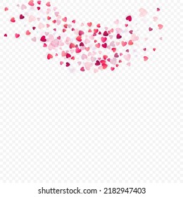 Heart love vector background. Valentine frame. Pink hearts confetti. Scattered love symbols. Random falling heart shape on transparent background. Beautiful Invitation, Greeting Card Illustration.