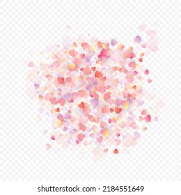 Fondo vectorial de amor cardíaco. Marco de San Valentín. Confeti de corazones rosados. Símbolos de amor dispersos. Forma cardíaca al azar sobre fondo transparente. Hermosa Invitación, Ilustración De Tarjeta De Saludo.