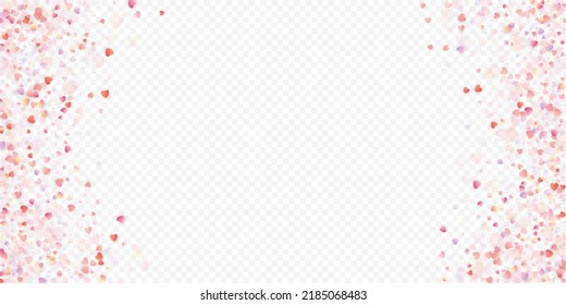 Heart love vector background. Valentine frame. Pink hearts confetti. Scattered love symbols. Random falling heart shape on transparent background. Beautiful Invitation, Greeting Card Illustration.
