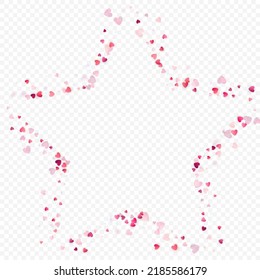 Heart love vector background. Valentine frame. Pink hearts confetti. Scattered love symbols. Random falling heart shape on transparent background. Beautiful Invitation, Greeting Card Illustration.