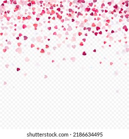 Heart love vector background. Valentine frame. Pink hearts confetti. Scattered love symbols. Random falling heart shape on transparent background. Beautiful Invitation, Greeting Card Illustration.