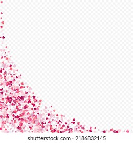 Heart love vector background. Valentine frame. Pink hearts confetti. Scattered love symbols. Random falling heart shape on transparent background. Beautiful Invitation, Greeting Card Illustration.